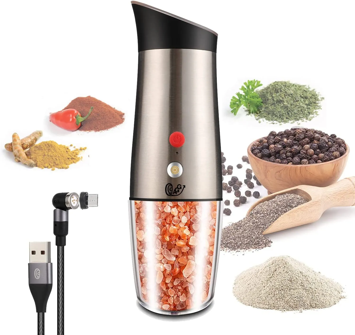 Rechargeable Electric Gravity activated Pepper / Salt / Spice Grinder with LED Light, Adjustable Coarseness, Rechargeable, One Hand use Stainless Steel, Protected Port, & Magnetic Universal USB cable by Aggels