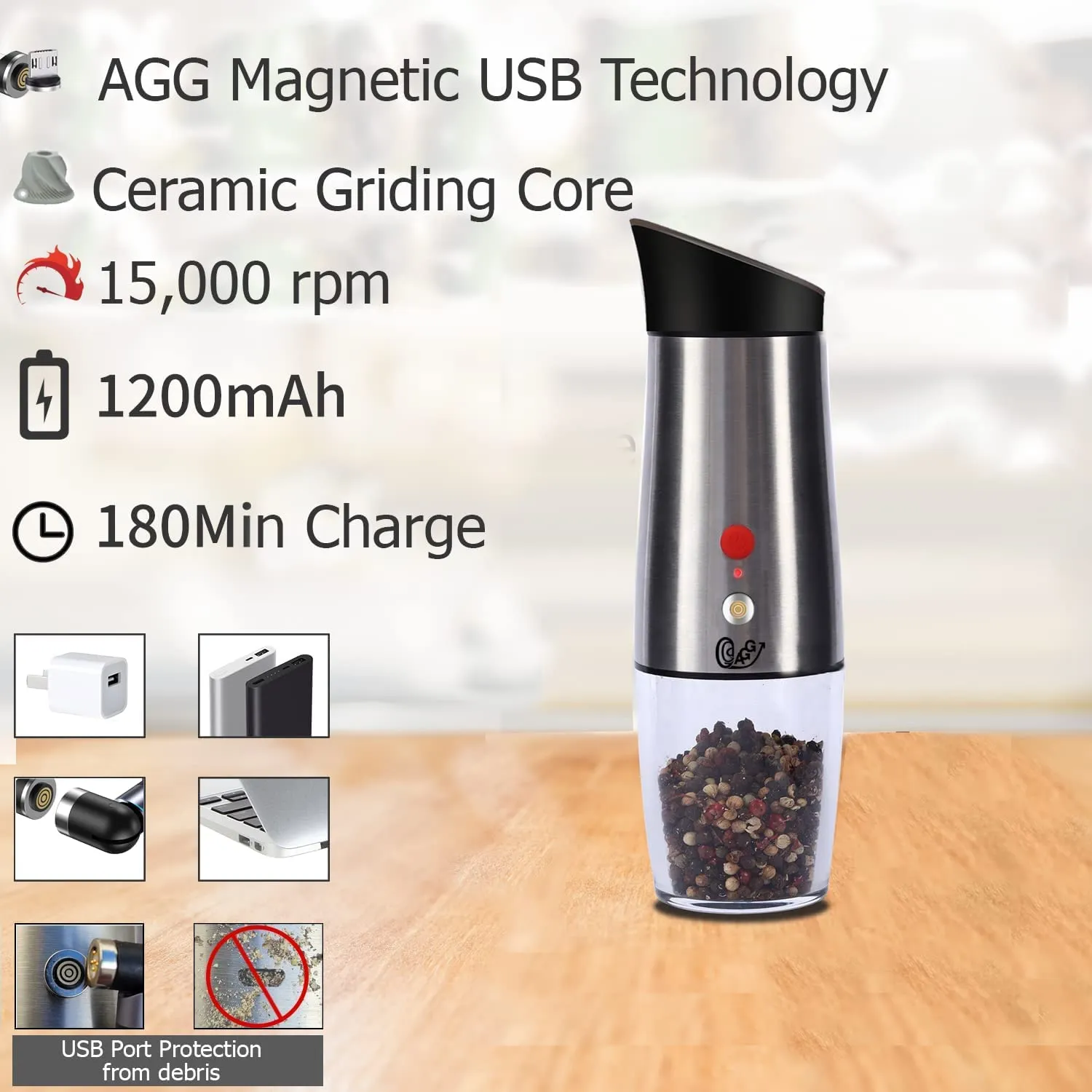 Rechargeable Electric Gravity activated Pepper / Salt / Spice Grinder with LED Light, Adjustable Coarseness, Rechargeable, One Hand use Stainless Steel, Protected Port, & Magnetic Universal USB cable by Aggels