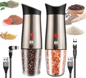 Rechargeable Electric Gravity activated Pepper / Salt / Spice Grinder with LED Light, Adjustable Coarseness, Rechargeable, One Hand use Stainless Steel, Protected Port, & Magnetic Universal USB cable by Aggels