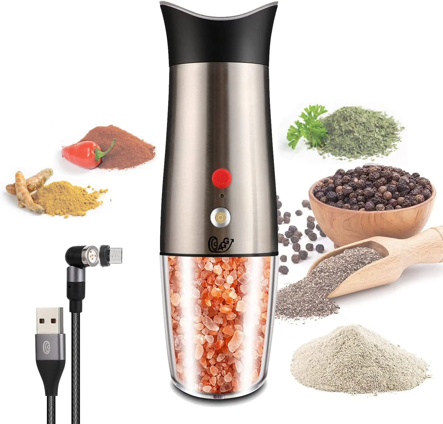 Rechargeable Electric Gravity activated Pepper / Salt / Spice Grinder with LED Light, Adjustable Coarseness, Rechargeable, One Hand use Stainless Steel, Protected Port, & Magnetic Universal USB cable by Aggels