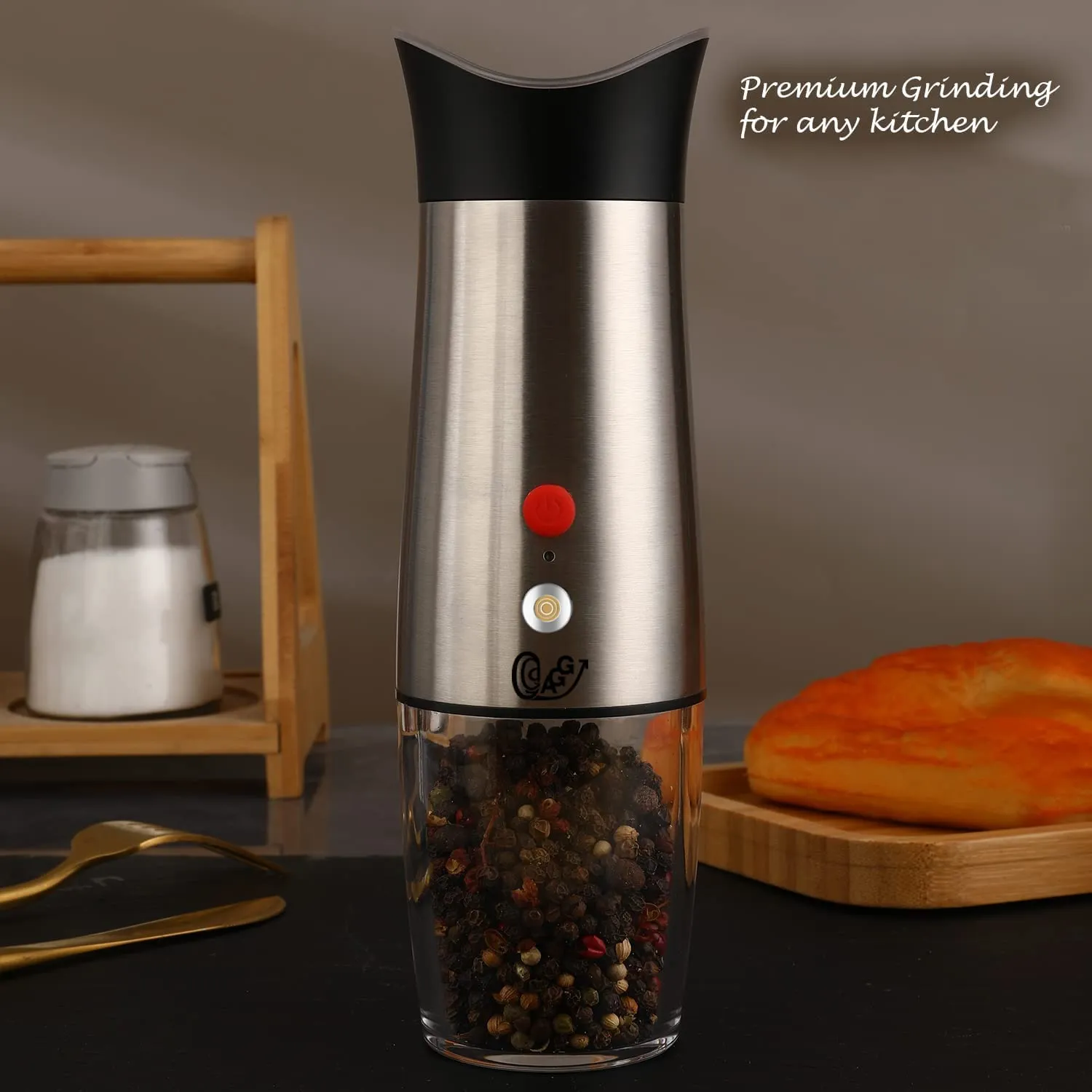 Rechargeable Electric Gravity activated Pepper / Salt / Spice Grinder with LED Light, Adjustable Coarseness, Rechargeable, One Hand use Stainless Steel, Protected Port, & Magnetic Universal USB cable by Aggels