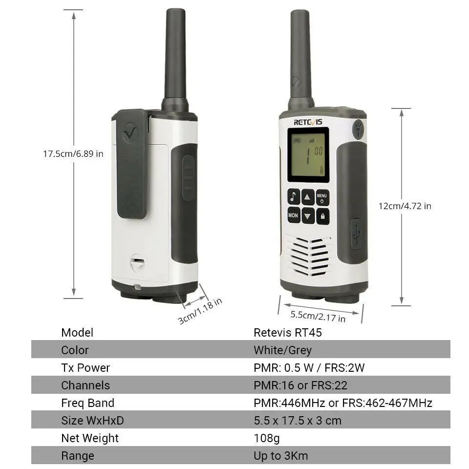 Retevis Walkie Talkie 2 pcs USB Charge LED Flashlight Room Monitor Two-way Radio Receiver RT45 PMR446 for Motorola Walkie-Talkie