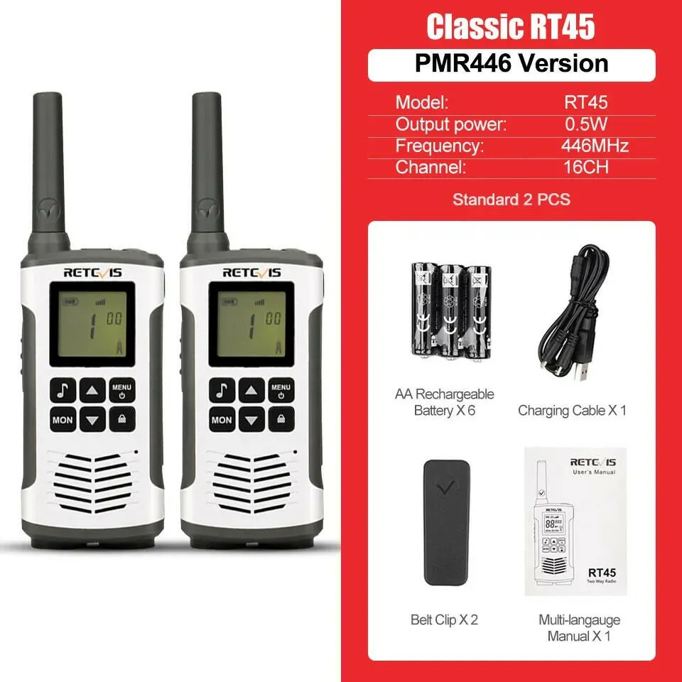 Retevis Walkie Talkie 2 pcs USB Charge LED Flashlight Room Monitor Two-way Radio Receiver RT45 PMR446 for Motorola Walkie-Talkie