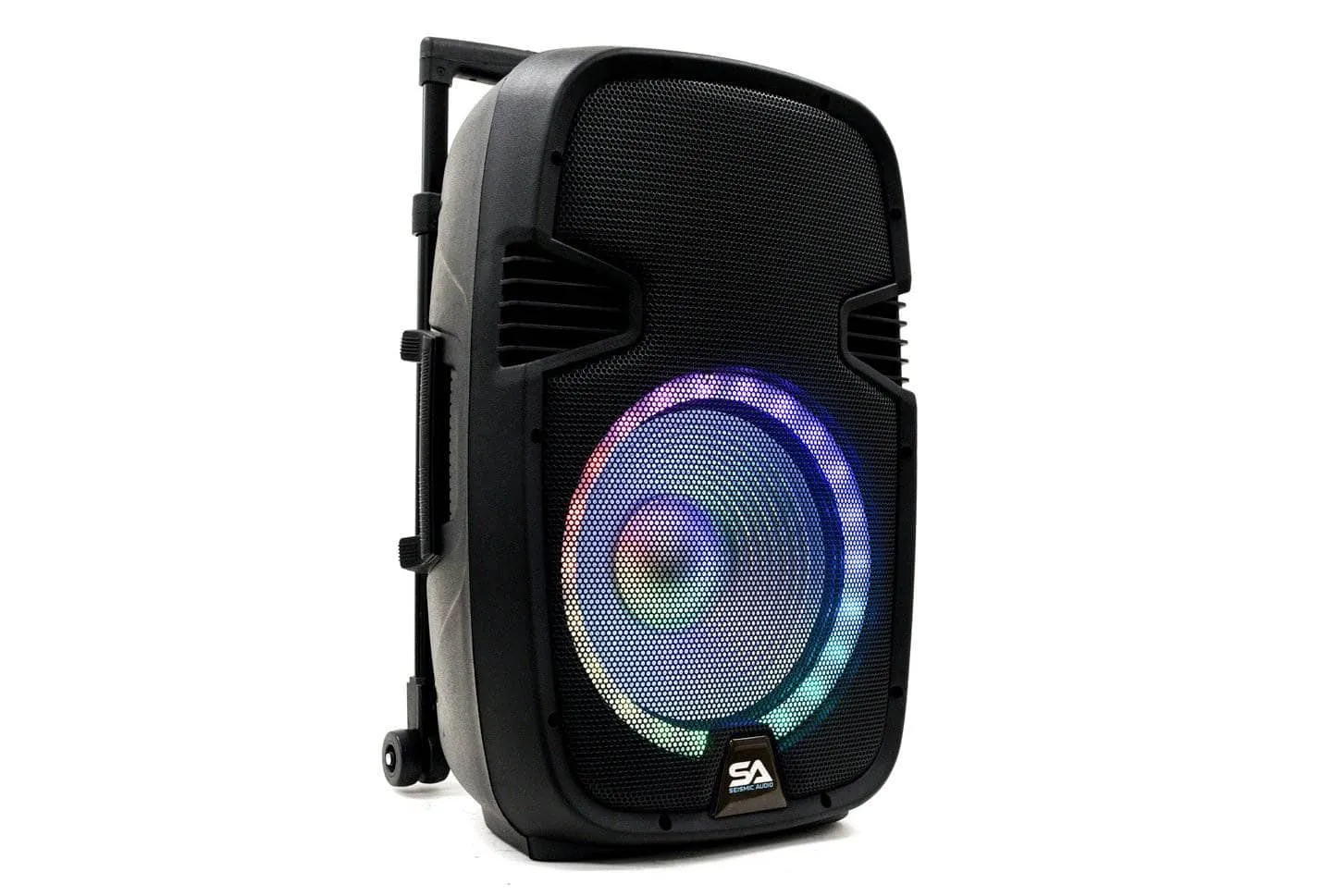 SA-KP12BAT - Powered 12 Inch DJ Karaoke Speaker with Stand - Rechargeable Battery, Bluetooth, LED Lights, 2 Wireless Microphones and Remote