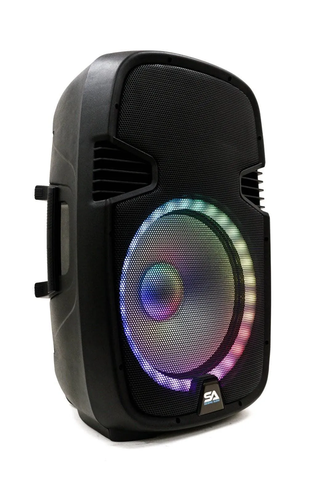 SA-KP15BAT - Powered 15 Inch DJ Karaoke Speaker with Stand - Rechargeable Battery, Bluetooth, LED Lights, 2 Wireless Microphones and Remote