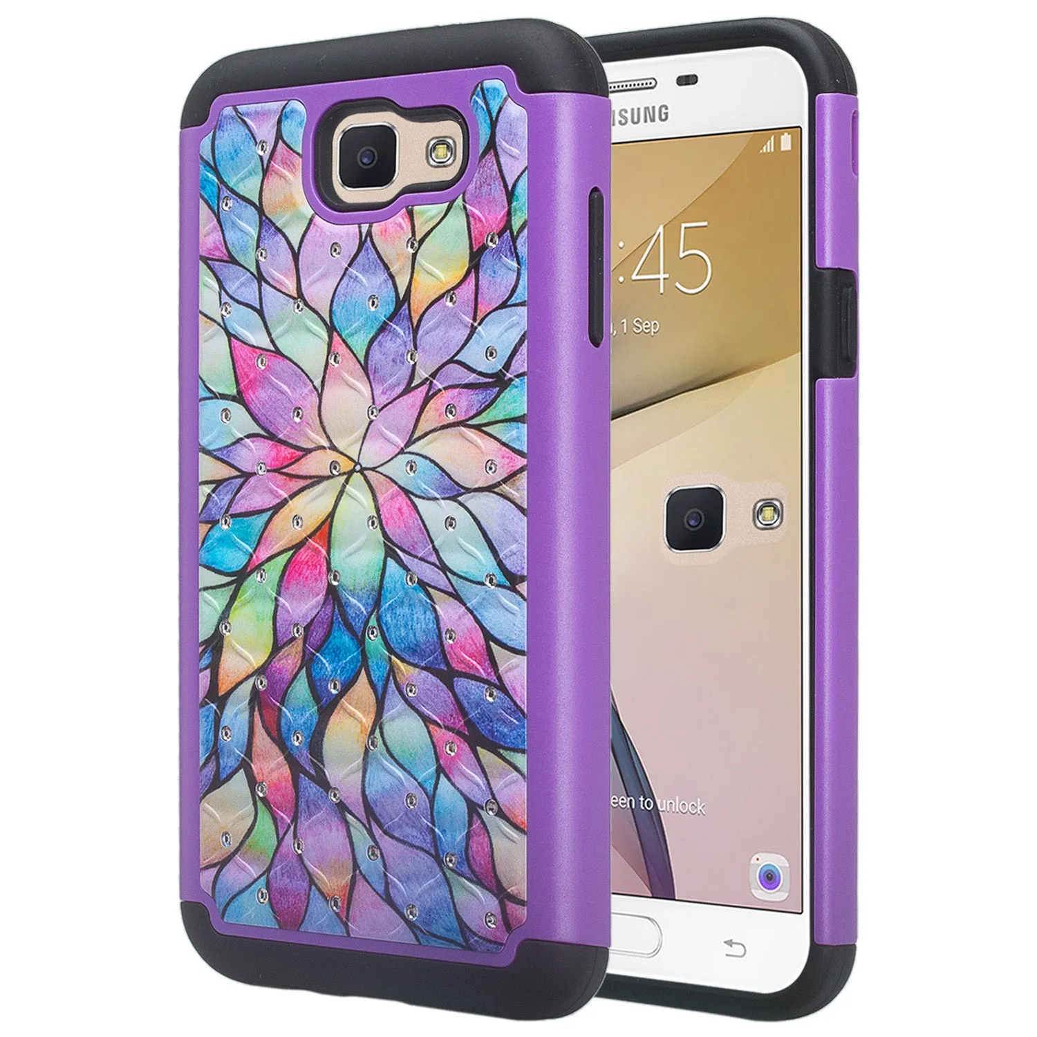 Samsung Galaxy J7 V / J7 (2017) / J7 Perx / J7 Sky Pro / J7 Prime / Galaxy Halo Case, Rhinestone Studded Slim Dual Layer [Shock Resistant]  Cover - Rainbow Flower