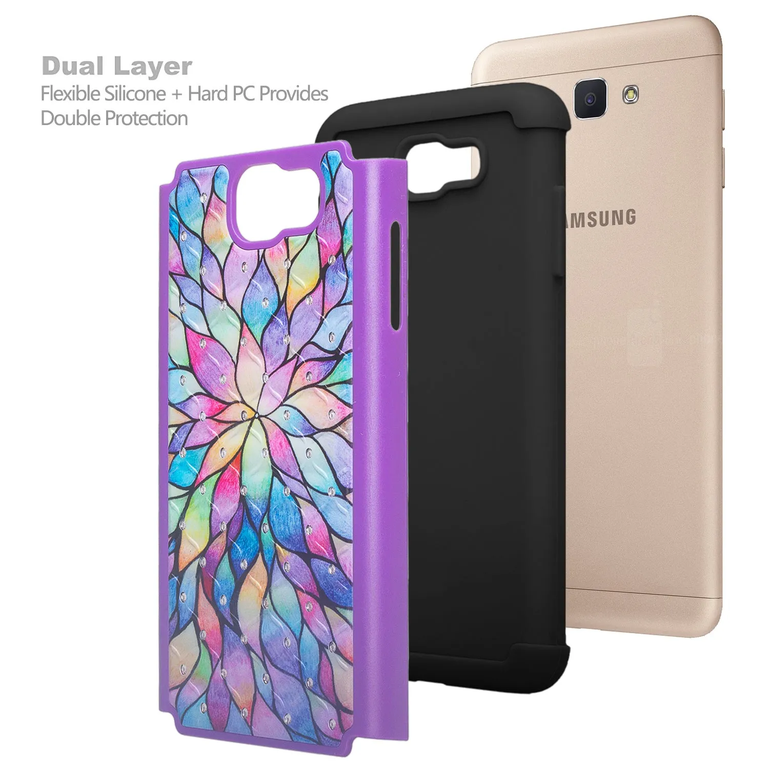 Samsung Galaxy J7 V / J7 (2017) / J7 Perx / J7 Sky Pro / J7 Prime / Galaxy Halo Case, Rhinestone Studded Slim Dual Layer [Shock Resistant]  Cover - Rainbow Flower