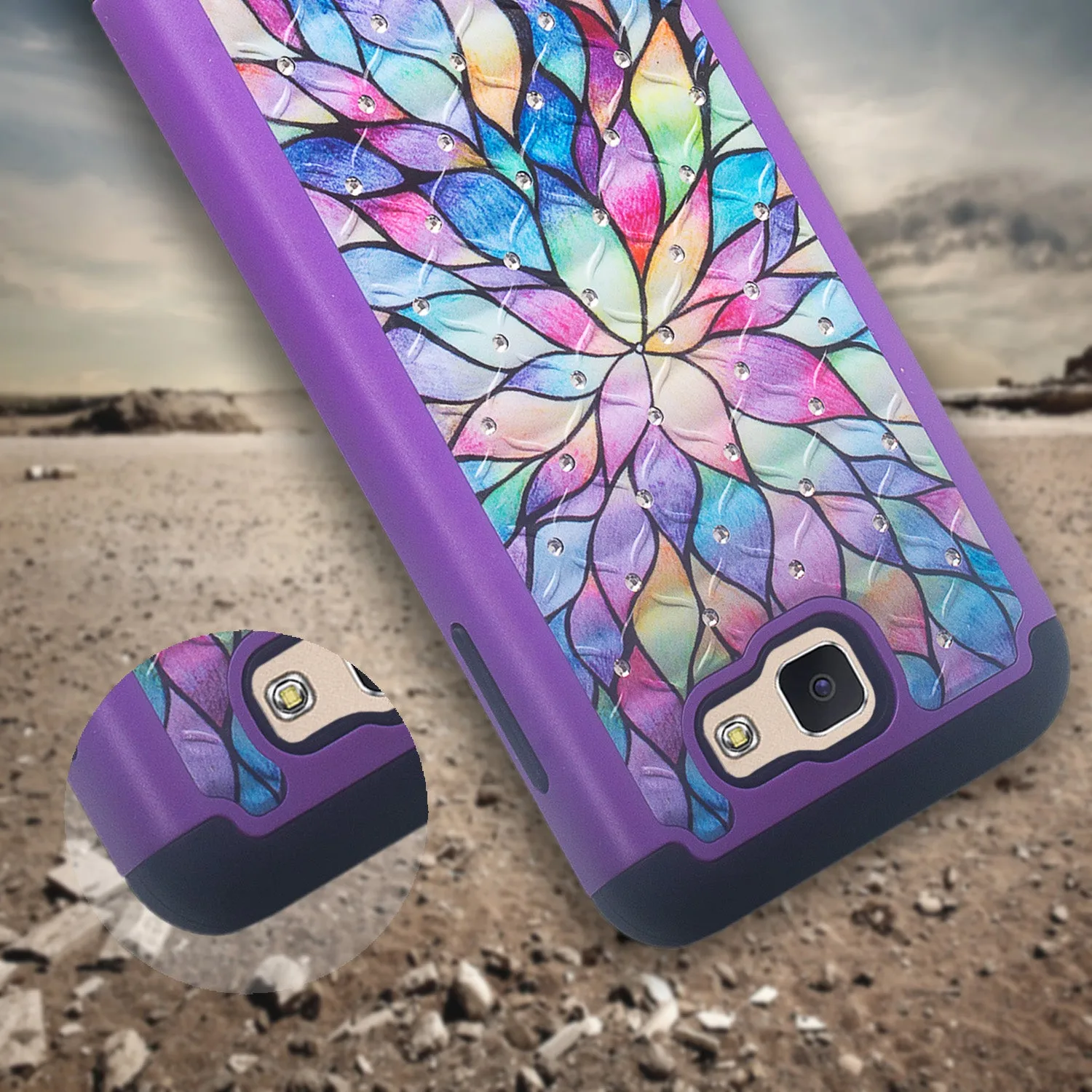 Samsung Galaxy J7 V / J7 (2017) / J7 Perx / J7 Sky Pro / J7 Prime / Galaxy Halo Case, Rhinestone Studded Slim Dual Layer [Shock Resistant]  Cover - Rainbow Flower