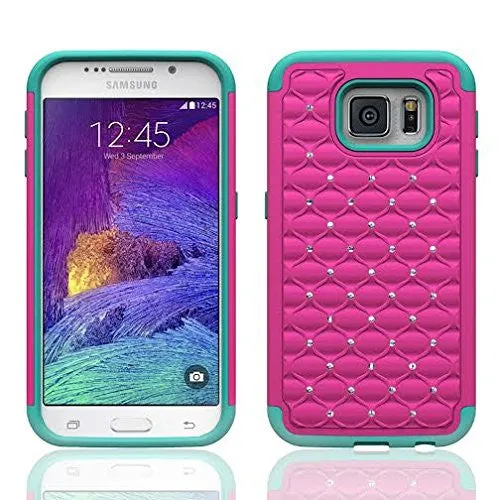 Samsung Galaxy S6 Crystal Rhinestone Slim Hybrid Dual Layer Case for Galaxy S6 - Pink/Teal