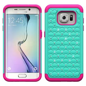 Samsung Galaxy S6 Edge Case, Crystal Rhinestone Slim Hybrid Dual Layer Case for Galaxy S6 Edge - Teal/HotPink