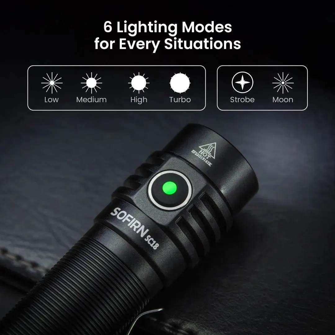 Sofirn SC18 1800lm EDC Flashlight USB C Rechargeable SST40 LED 18650 Torch TIR Optics Lens Lantern with Power indicator