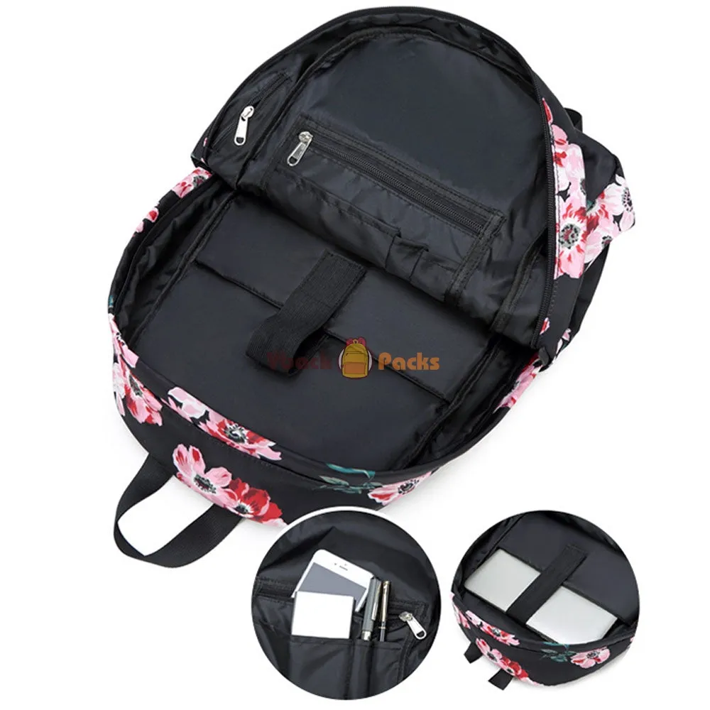 Stylish Floral Backpack with USB Charging Port Casual College Travel Bag for Teens