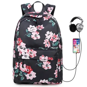 Stylish Floral Backpack with USB Charging Port Casual College Travel Bag for Teens