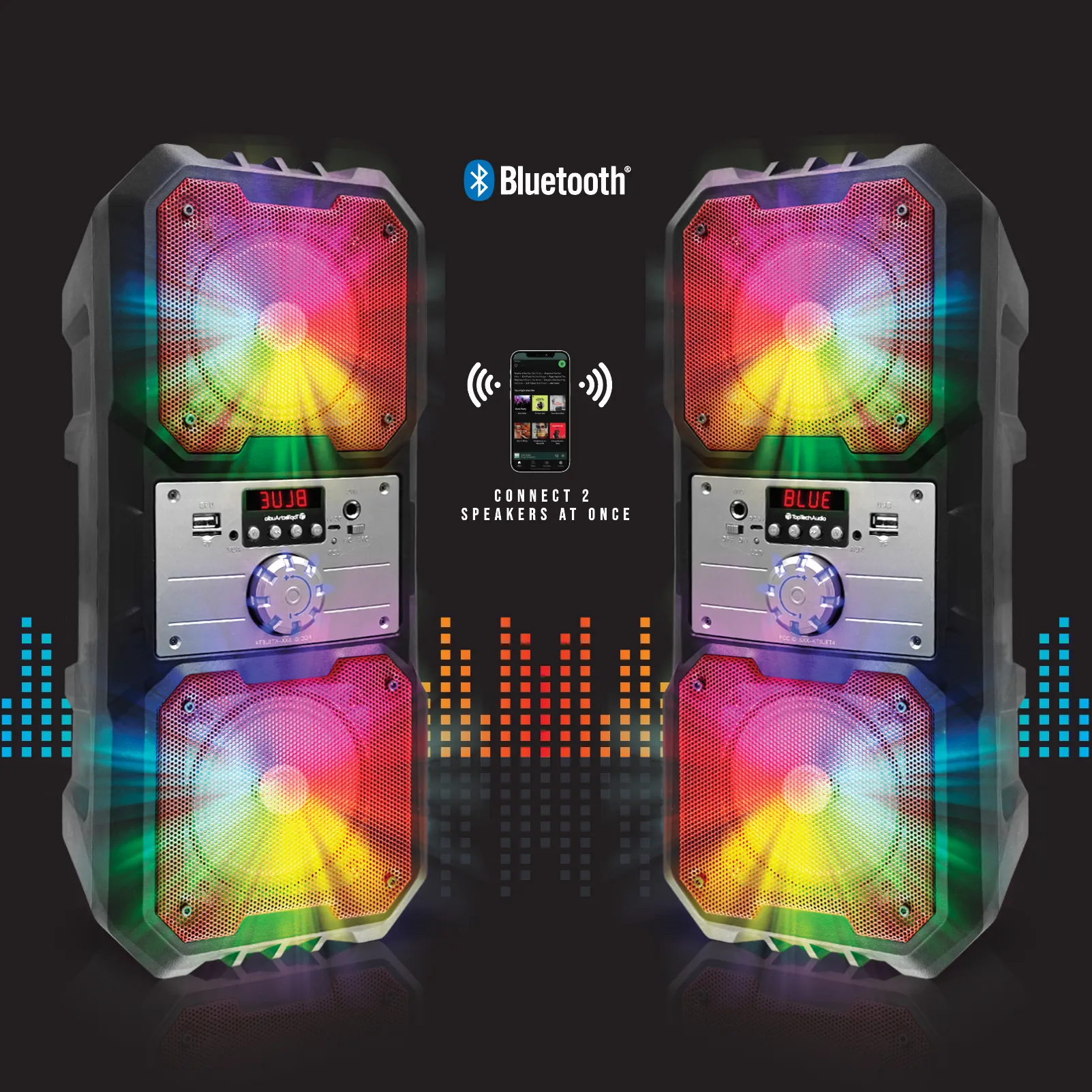 TOPTECH SPIKE-4, Dual 4" Bluetooth Speaker with Disco Lights & 800W Power