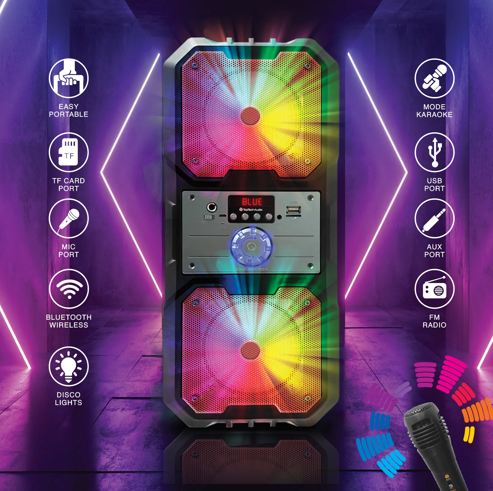 TOPTECH SPIKE-4, Dual 4" Bluetooth Speaker with Disco Lights & 800W Power