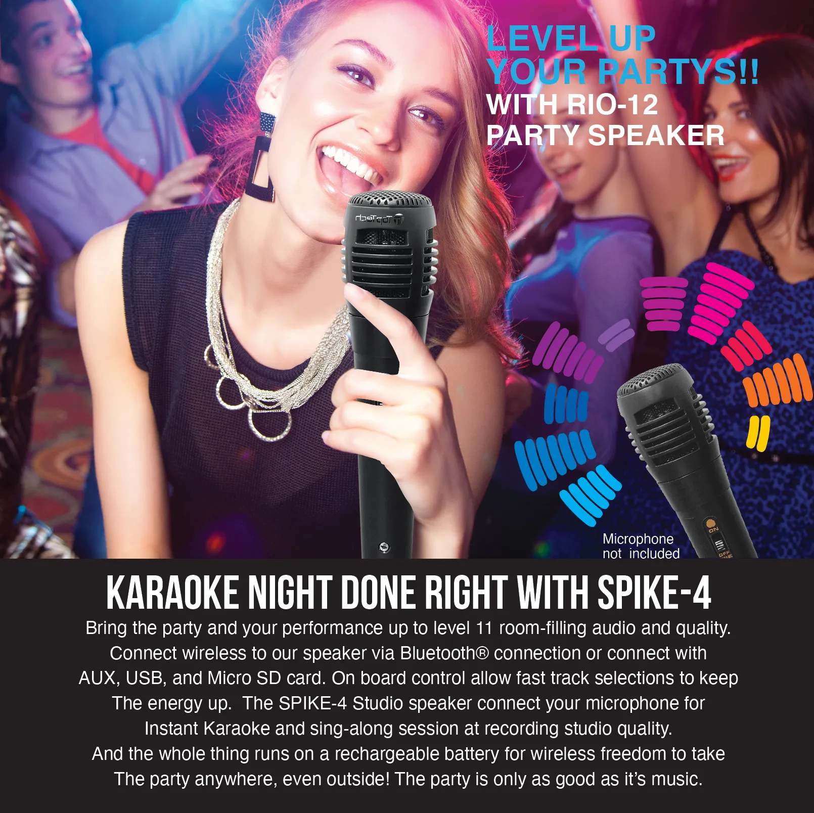 TOPTECH SPIKE-4, Dual 4" Bluetooth Speaker with Disco Lights & 800W Power