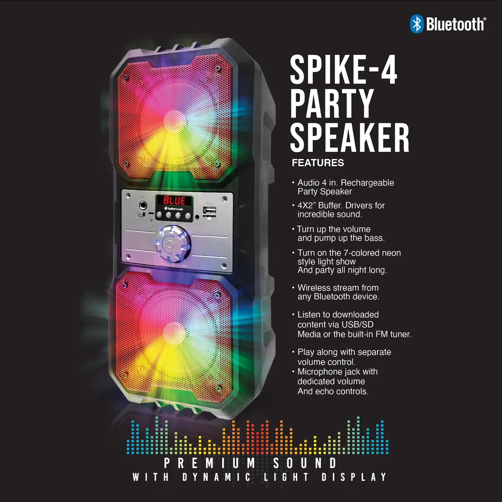 TOPTECH SPIKE-4, Dual 4" Bluetooth Speaker with Disco Lights & 800W Power