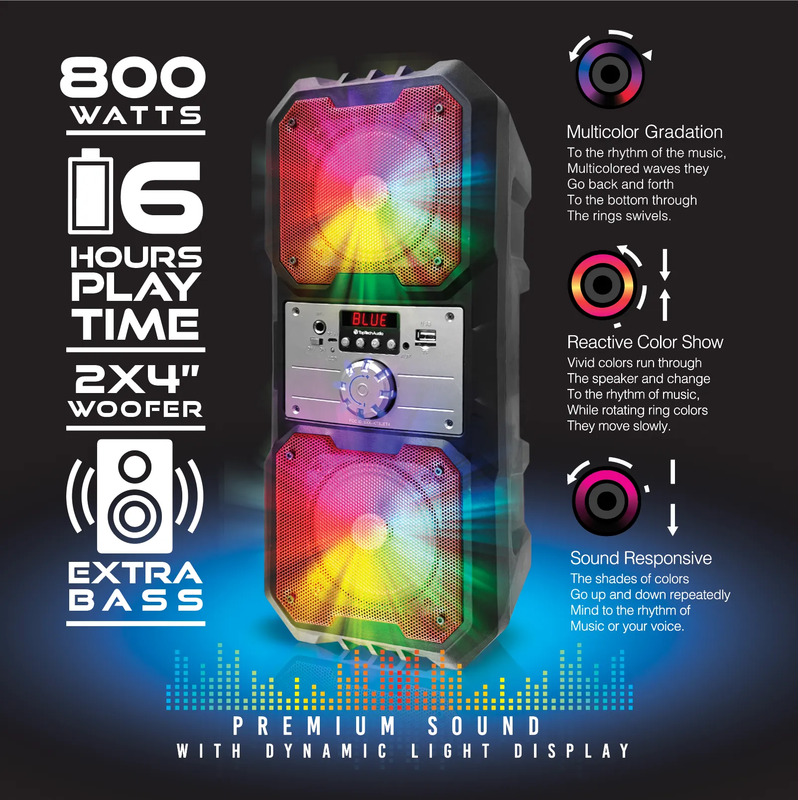 TOPTECH SPIKE-4, Dual 4" Bluetooth Speaker with Disco Lights & 800W Power