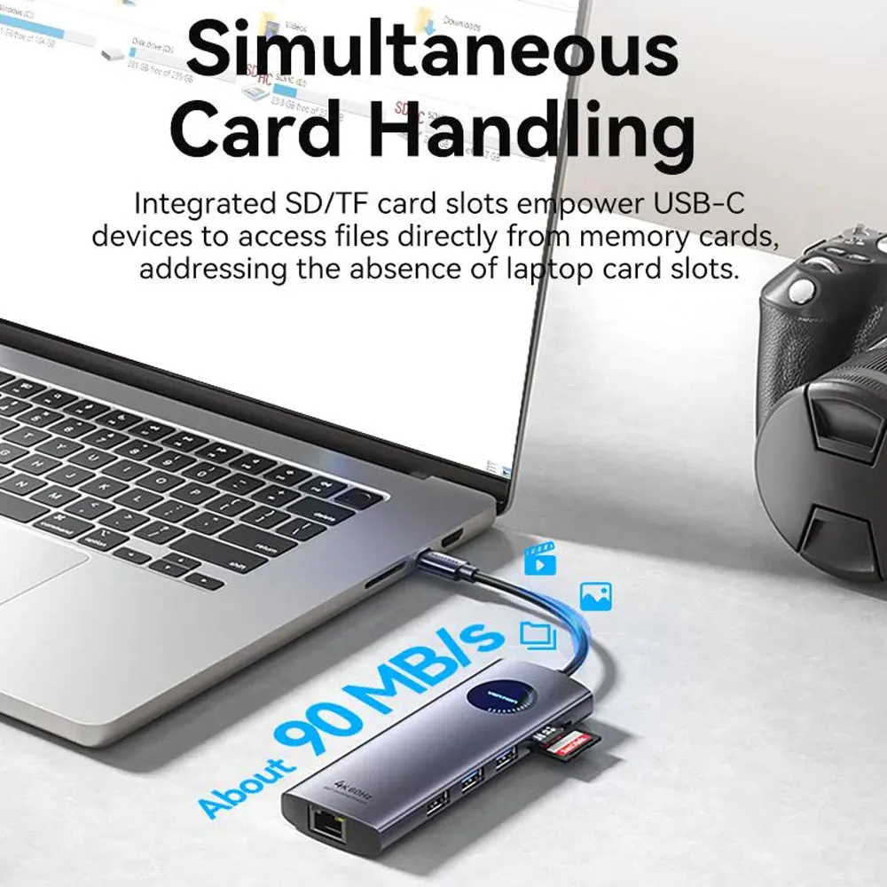 Vention 9-in-1 USB 3.0 Multi-Interface MST Docking Station with 5Gbps USB Hub, 4K@60Hz HDMI Video, SD / TF Card Reader, 1000Mbps RJ45 Ethernet, and 100W PD Charging Ports for Desktop Computer Laptop Smart TV Display Monitor Network Device