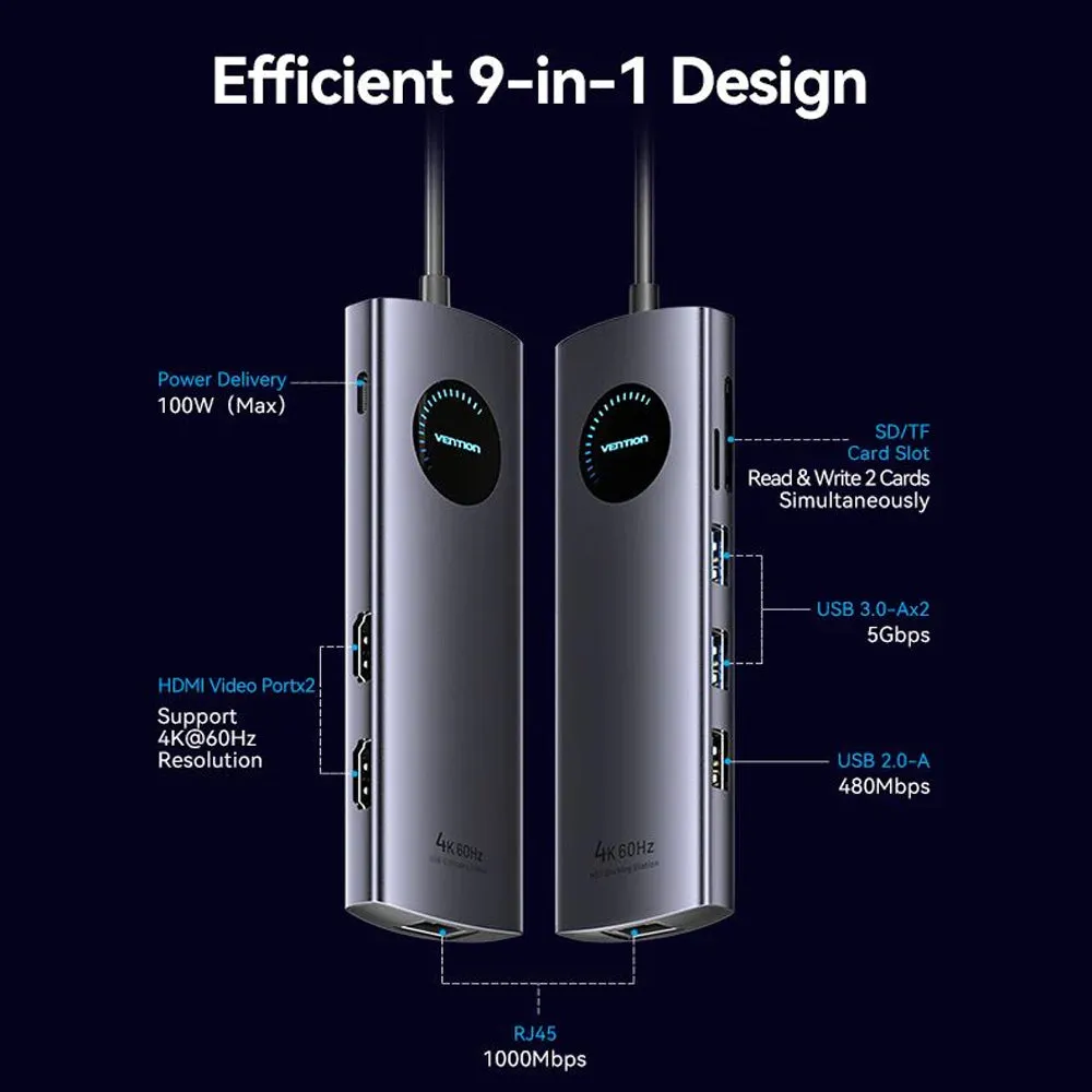 Vention 9-in-1 USB 3.0 Multi-Interface MST Docking Station with 5Gbps USB Hub, 4K@60Hz HDMI Video, SD / TF Card Reader, 1000Mbps RJ45 Ethernet, and 100W PD Charging Ports for Desktop Computer Laptop Smart TV Display Monitor Network Device
