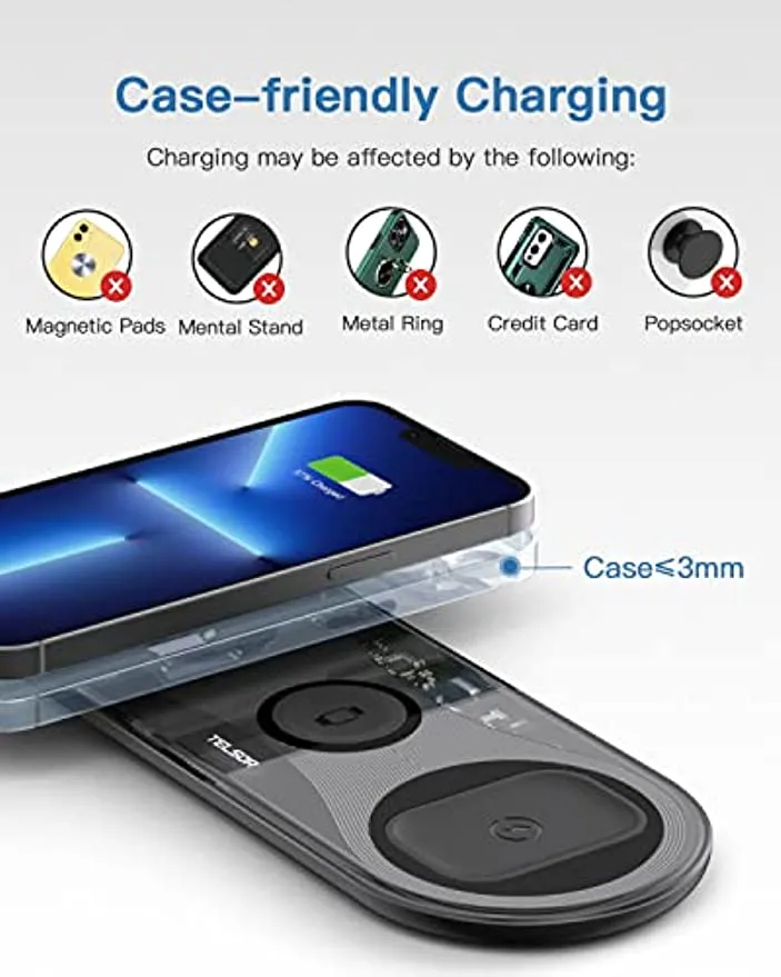 Wireless Charging Pad,TELSOR Portable 3 in 1 Wireless Charger Station for Multiple Devices,Ultra-Slim Travel Charging Pad for Apple Watch 7/6/5/4/3/2,iPhone 14 13 12 Pro& AirPods 3/2/Pro