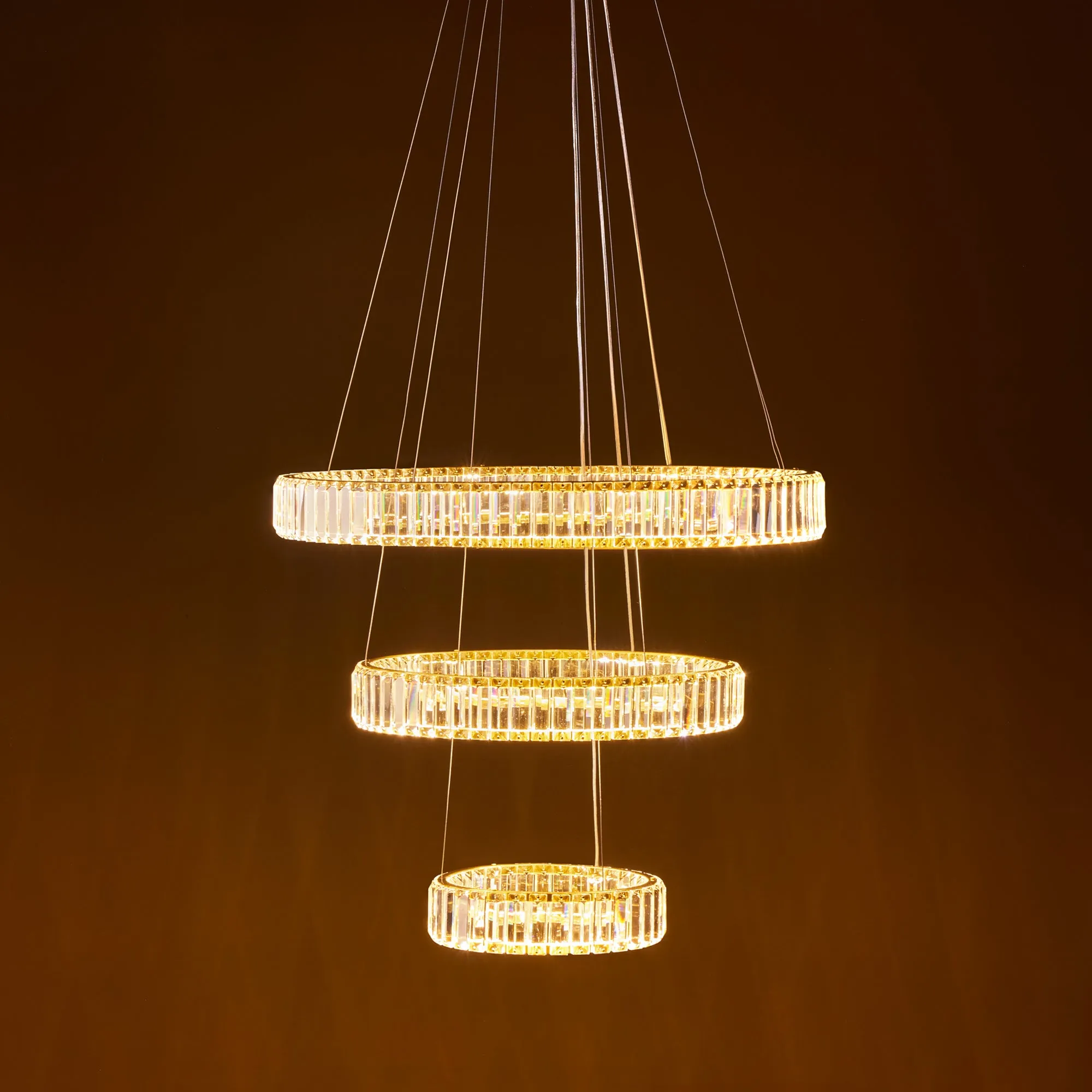 Wonderella 3 ring chandelier in clear glass and brass