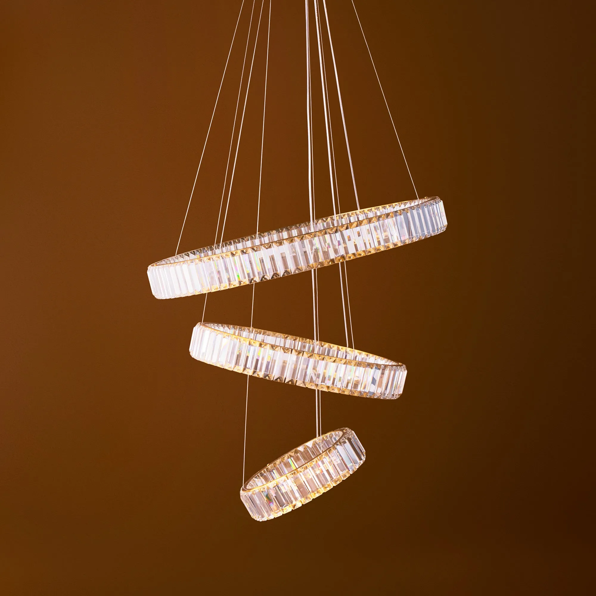 Wonderella 3 ring chandelier in clear glass and brass