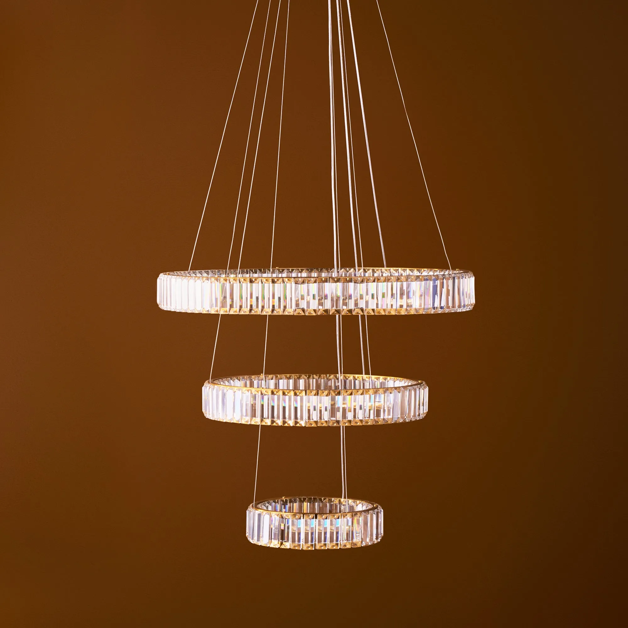 Wonderella 3 ring chandelier in clear glass and brass