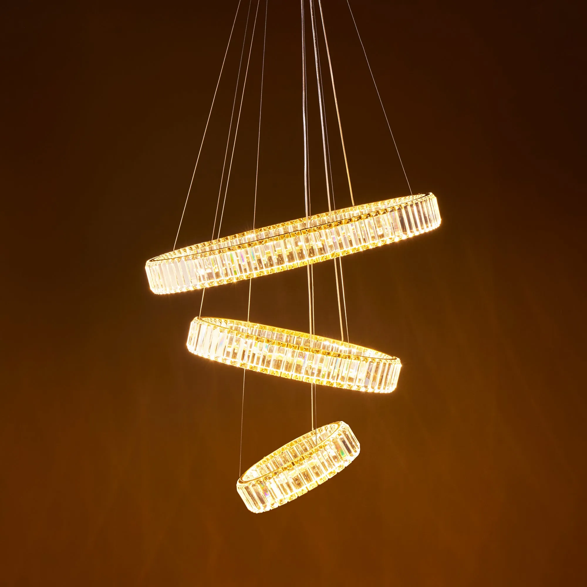 Wonderella 3 ring chandelier in clear glass and brass