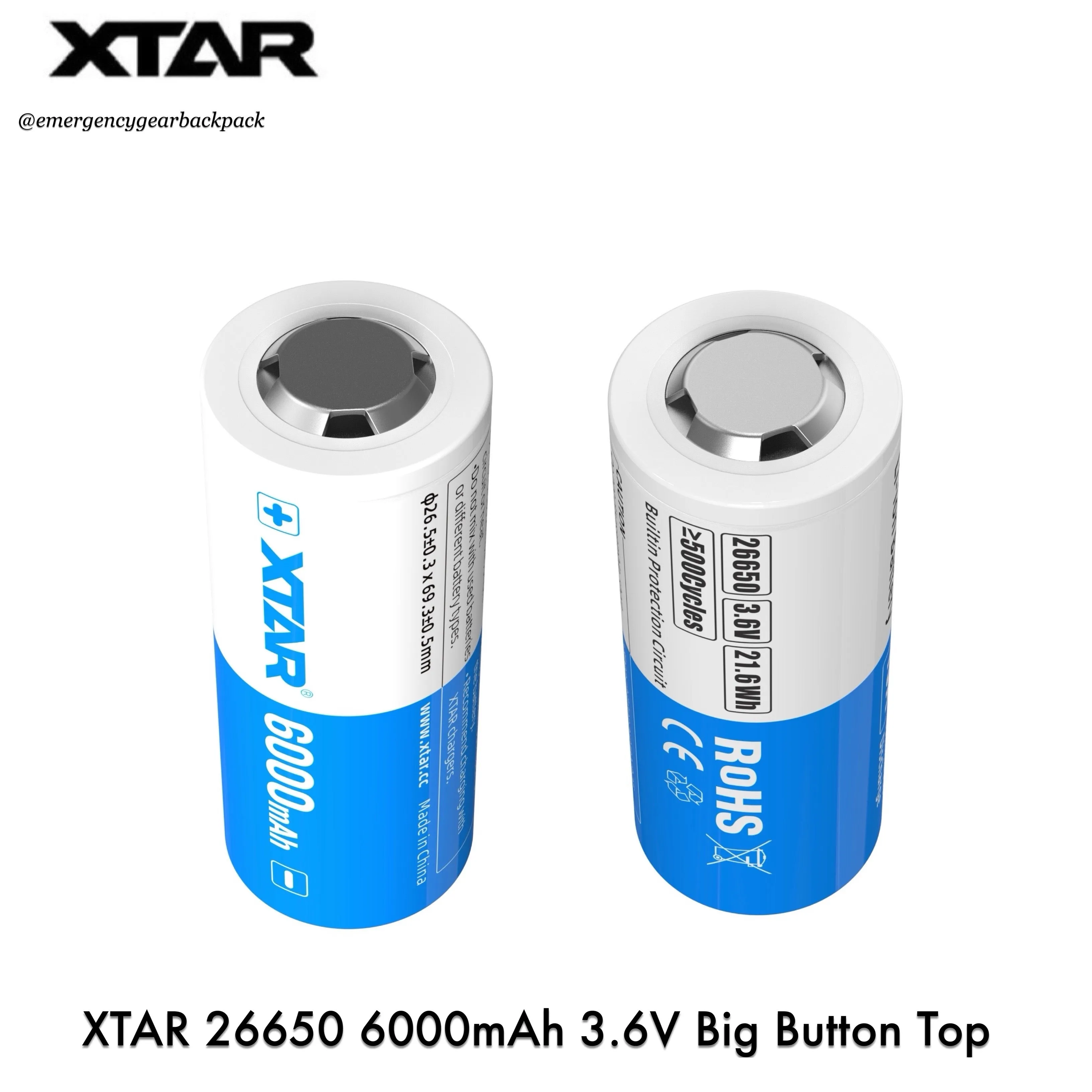 XTAR 26650 6000mAh 3.6V 10A Big Button Top  Li-ion Rechargeable Battery