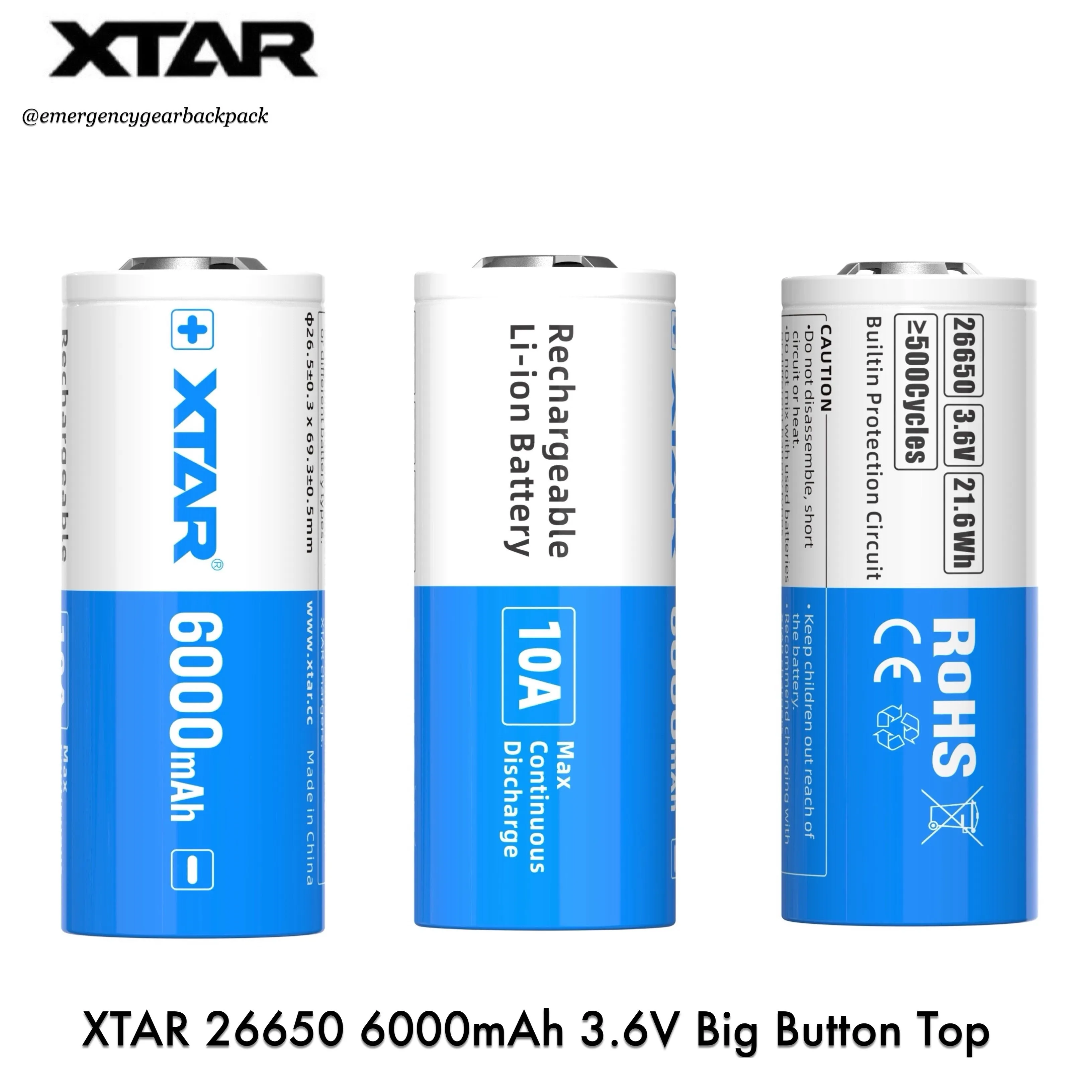 XTAR 26650 6000mAh 3.6V 10A Big Button Top  Li-ion Rechargeable Battery