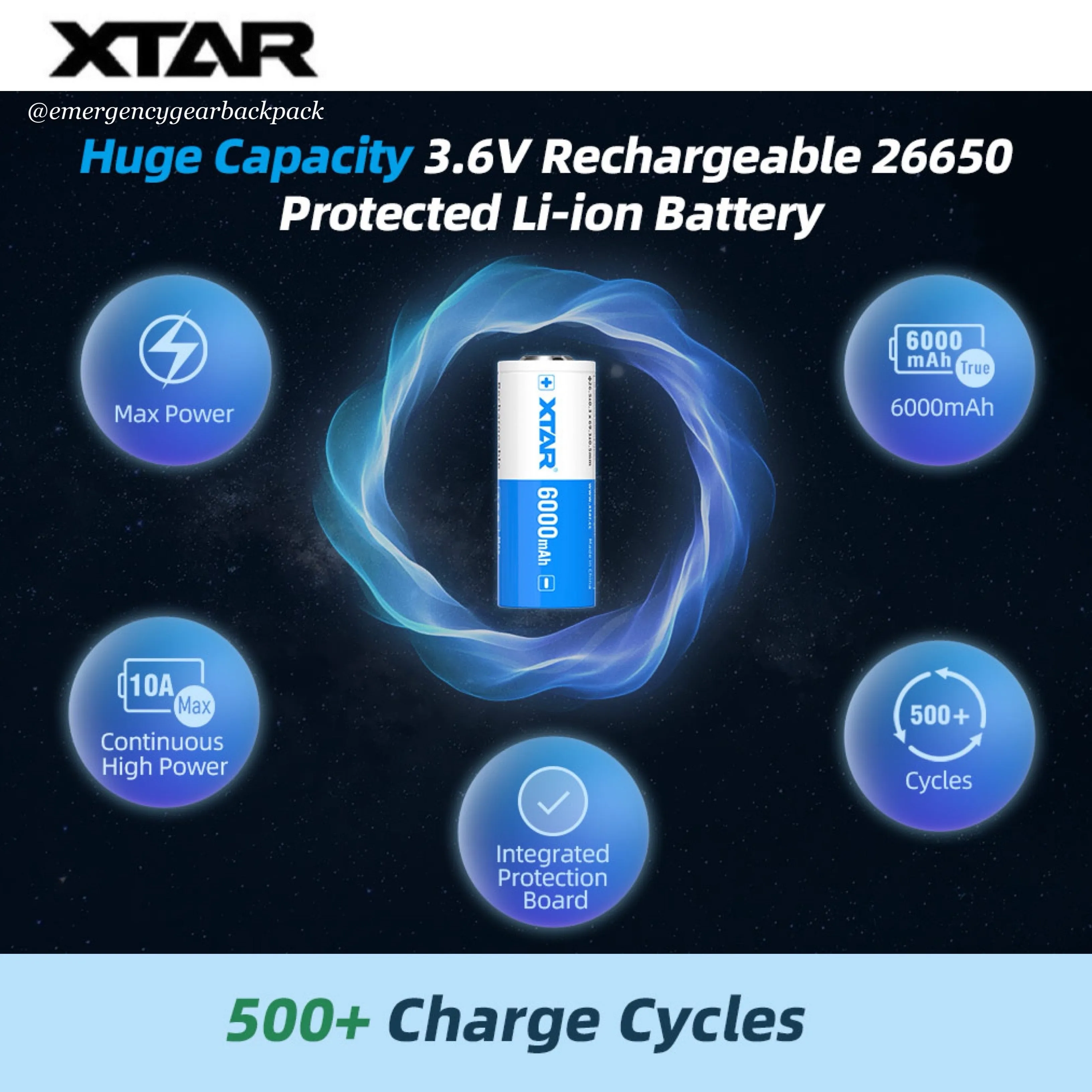 XTAR 26650 6000mAh 3.6V 10A Big Button Top  Li-ion Rechargeable Battery