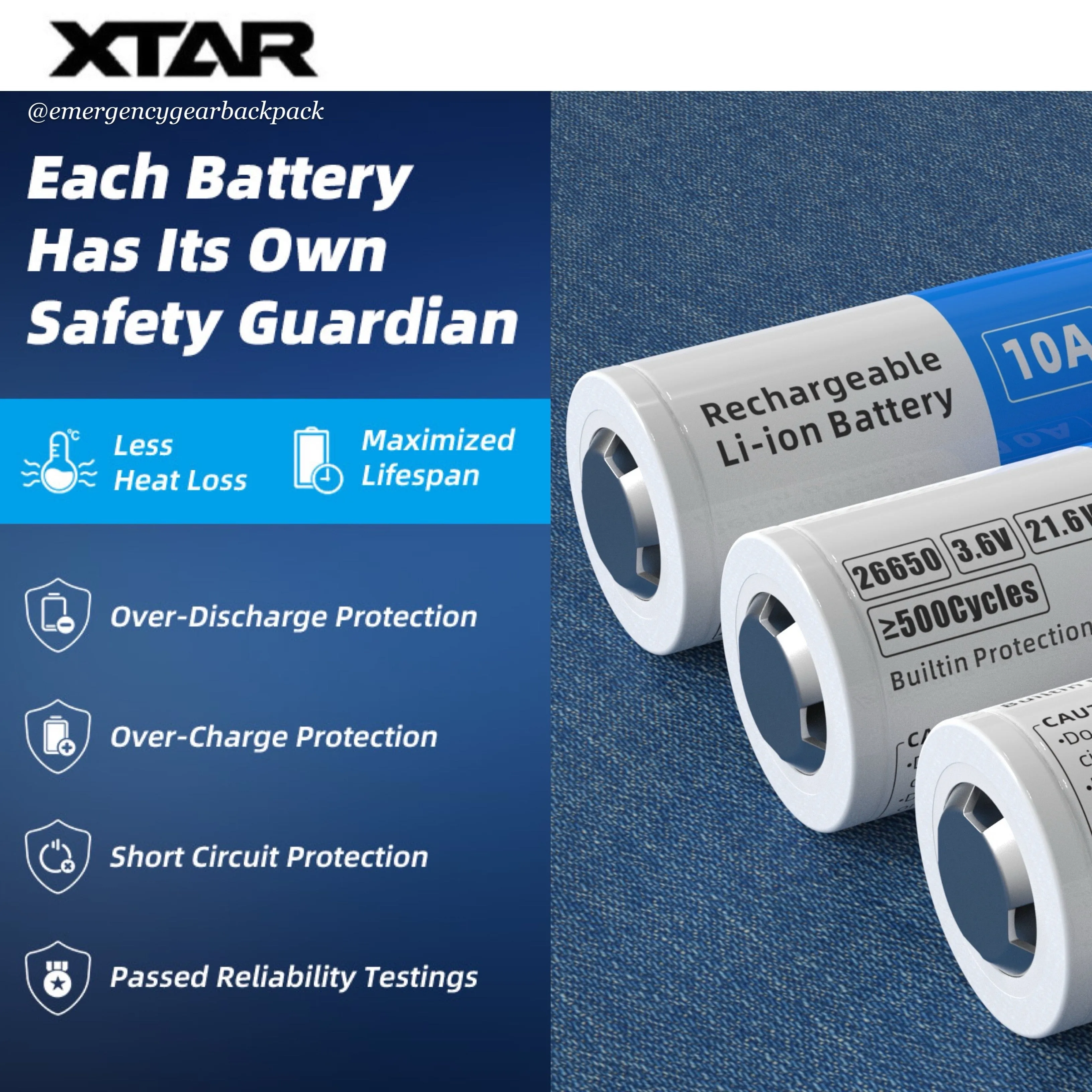 XTAR 26650 6000mAh 3.6V 10A Big Button Top  Li-ion Rechargeable Battery
