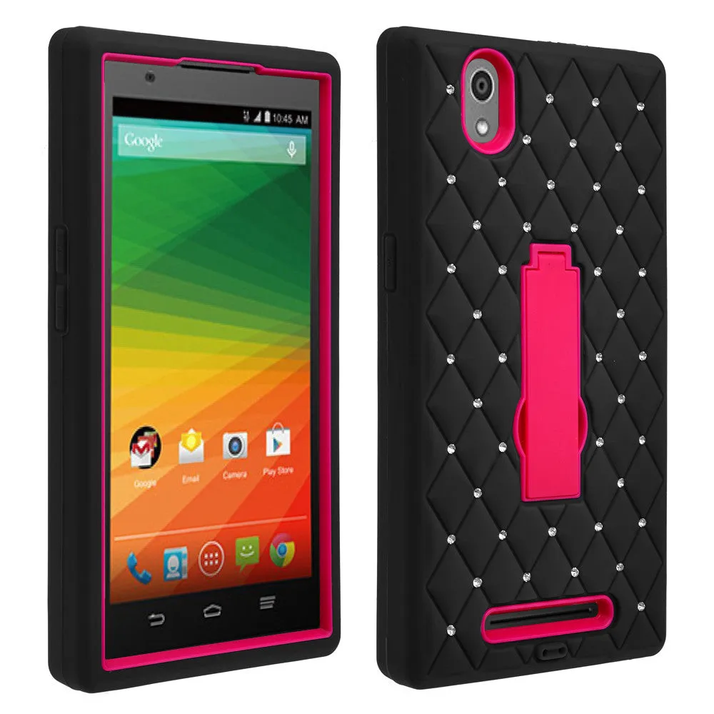 ZMAX Case, ZTE ZMAX Case, Heavy Duty Armor Diamond Rhinestone Hybrid Case with Kickstand - Black/Hot Pink