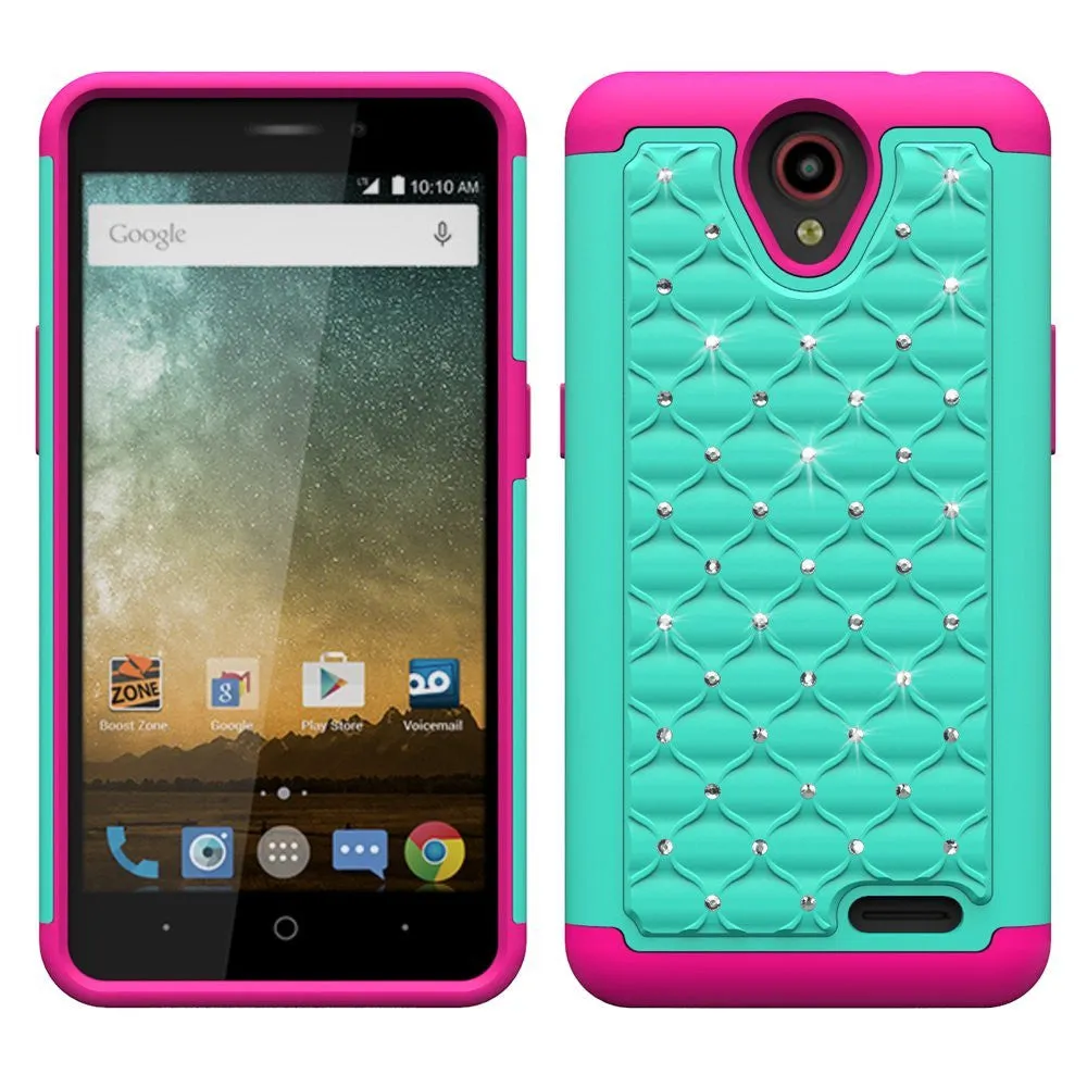 ZTE Prestige Case, Sonata 3, ZTE Avid Plus, ZTE Avid Trio, ZFive 2, Midnight Pro, Maven 2, Cheers, Slim Rhinestone Hybrid Dual Layer Case Cover - Teal/Hot Pink