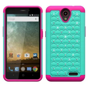 ZTE Prestige Case, Sonata 3, ZTE Avid Plus, ZTE Avid Trio, ZFive 2, Midnight Pro, Maven 2, Cheers, Slim Rhinestone Hybrid Dual Layer Case Cover - Teal/Hot Pink
