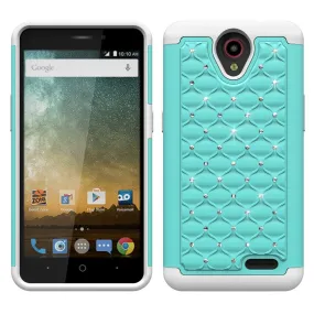 ZTE Prestige Case, Sonata 3, ZTE Avid Plus, ZTE Avid Trio, ZFive 2, Midnight Pro, Maven 2, Cheers, Slim Rhinestone Hybrid Dual Layer Case Cover - Teal/White